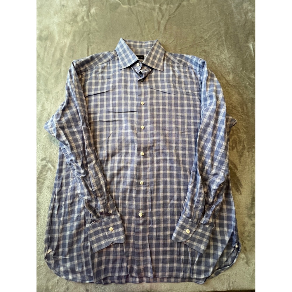 Ermenegildo Zegna Shirt Mens 17.5 44‎ Blue Plaid Button Down Cotton